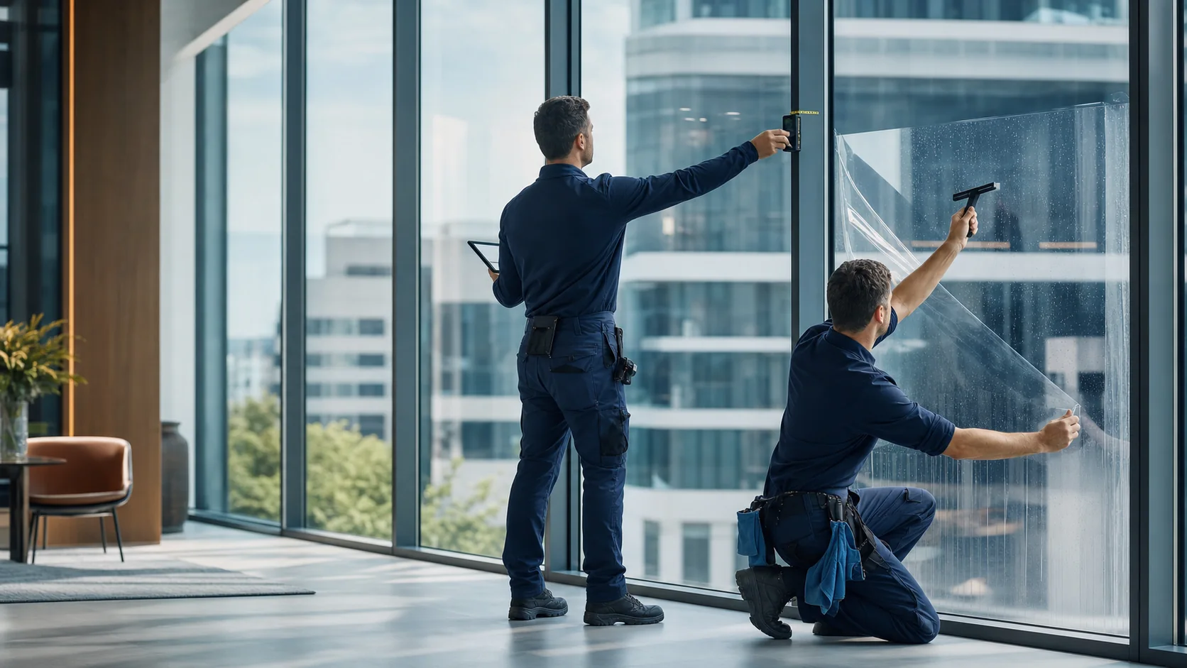 Professionisti che misurano e installano una pellicola architettonica su una vetrata
