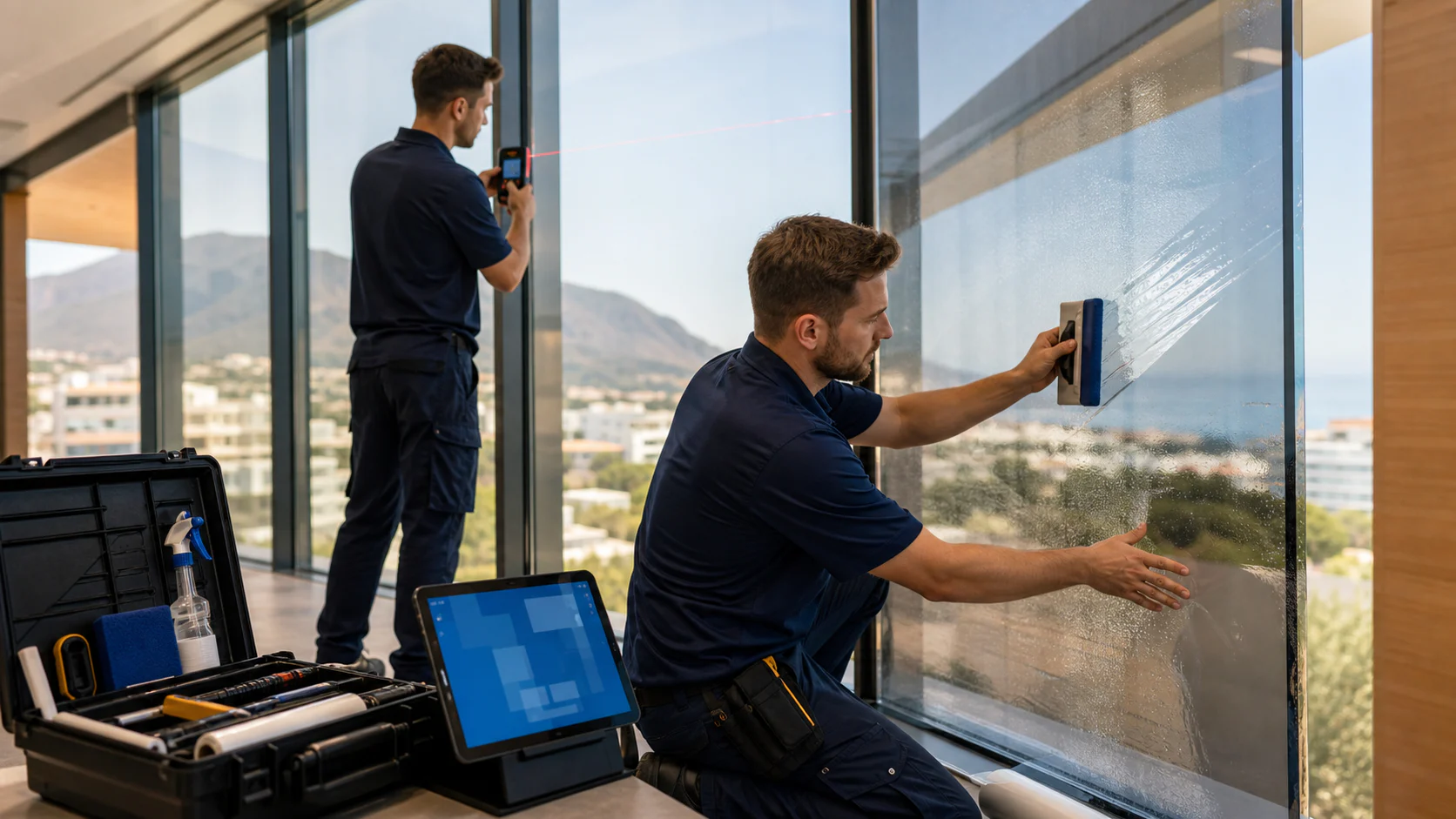 Professionnels mesurant et posant un film architectural sur un vitrage